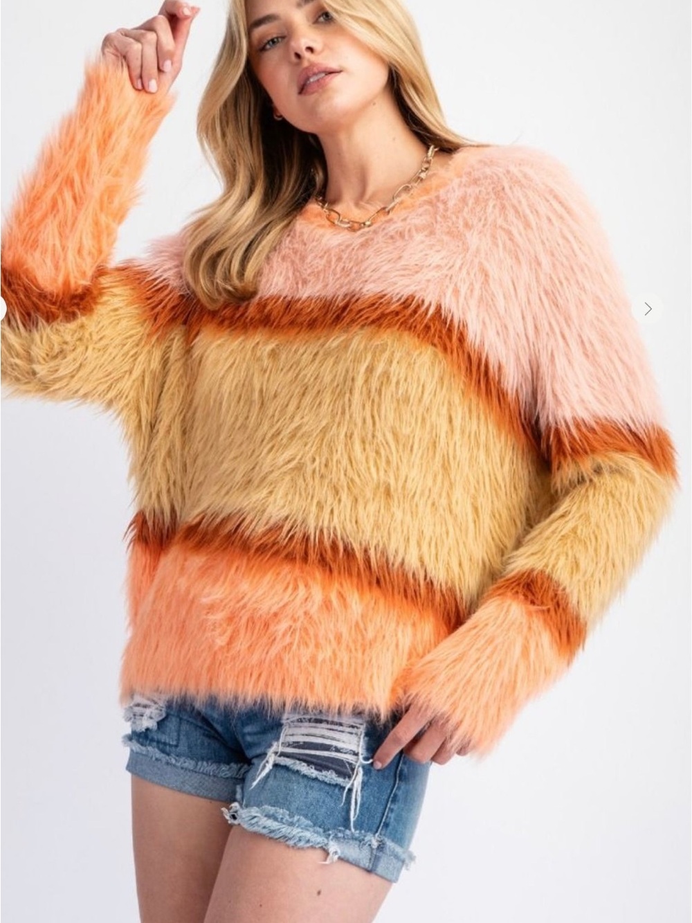 Striped Faux-Fur Crewneck Sweater in Peach, Gold & Orange